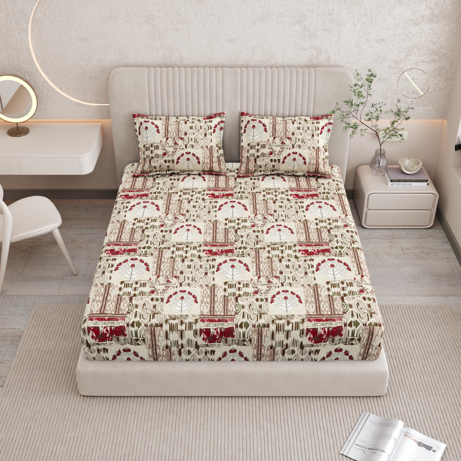 Premium Printed Bedsheet Set – Abstract Floral & Geometric Design